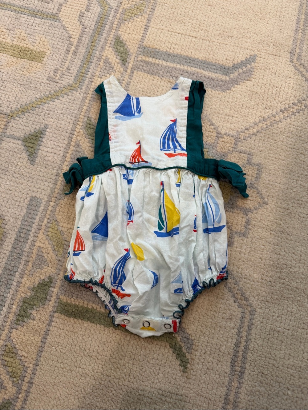 Pink Chicken White Sailboat Romper with Teal Straps